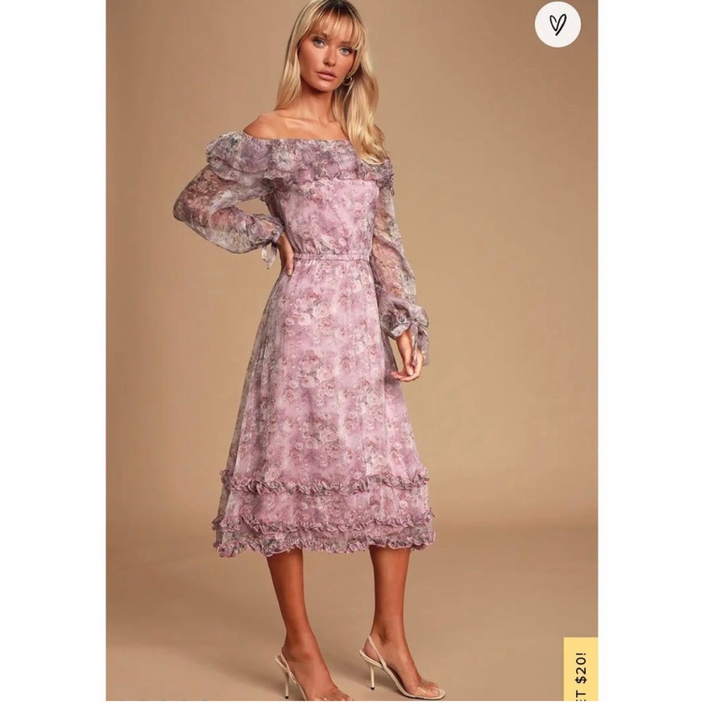 Lulu’s Xs Fairy Tale Fleur Lavender Floral Print Off-The-Shoulder Midi Dress